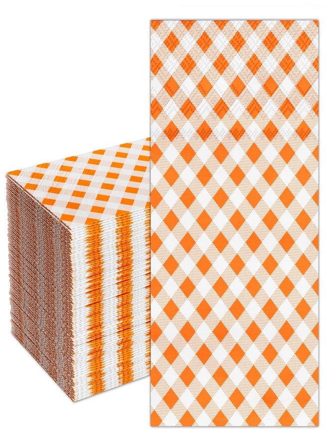 DYLIVeS Orange Gingham Napkins, 80 Pack Orange and White Checkered Guest Towel Plaid Party Napkins Disposable Paper Hand Towels for Luncheon, Dinner, Picnic, Birthday, Easter, Graduation Party, 3-Ply - Image 1